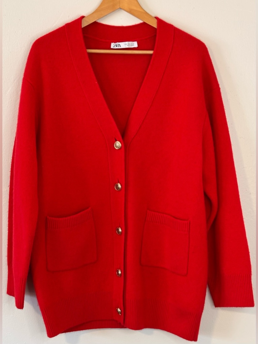 Zara 100% Wool Red Oversized V-Neck Button Cardigan Women’s Size Medium - Picture 3 of 10